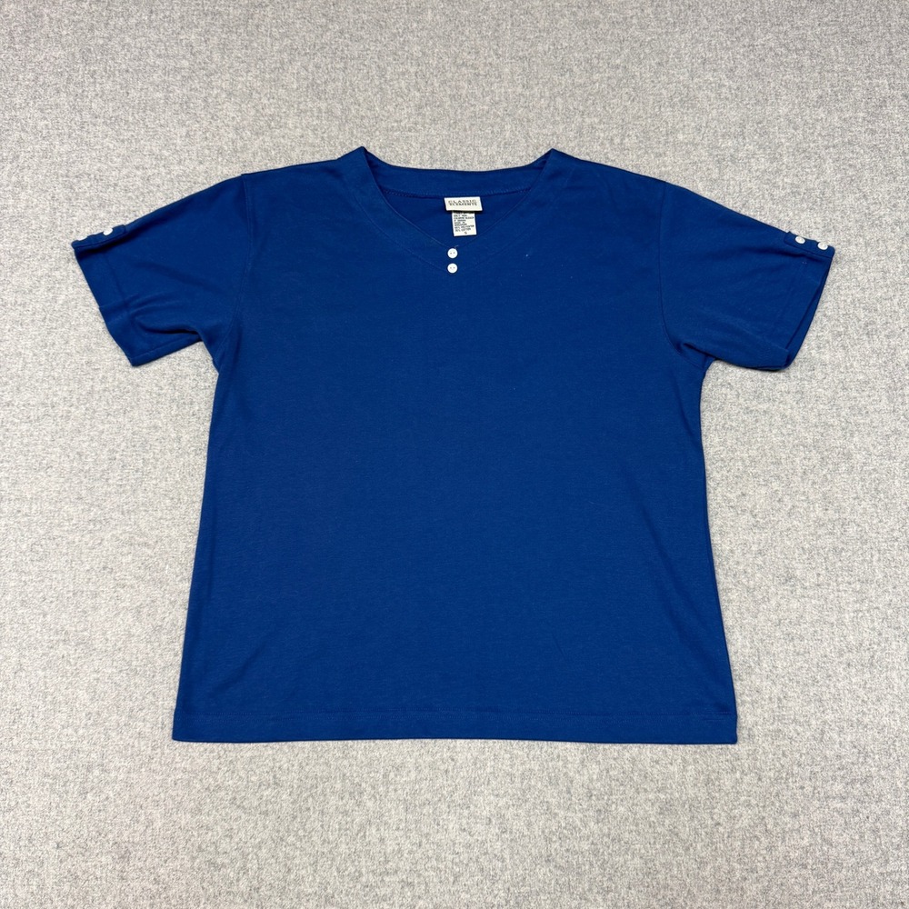 Classic Elements Top Size S Blue V-Neck Short Sleeve Button Detail Casual Knit